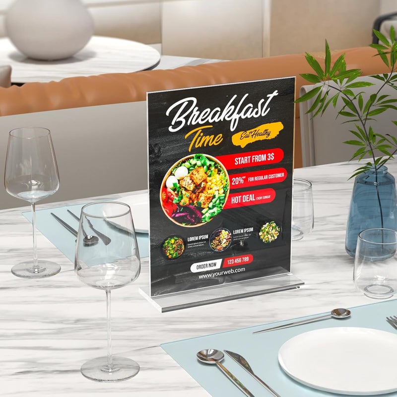 Dooiclear 6 Pack Acrylic Sign Holder 8.5 x 11 Inches, Clear Menu Holder Stand, Vertical Flyer Display Stand, Table Paper Holder, Desk Brochure Holder, Plastic Sign Display Stand for Restaurants, Office, Store - Image 5